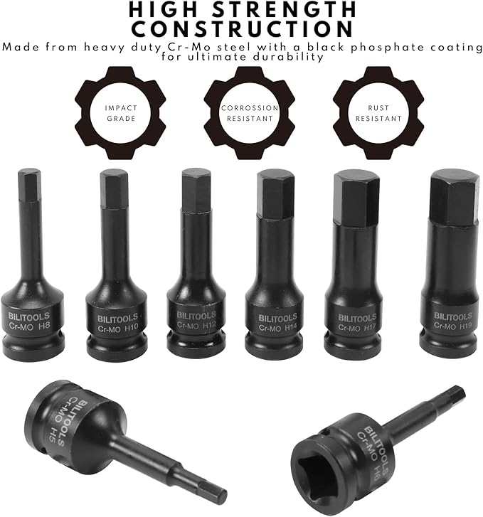 BILITOOLS 8-Piece Impact Hex Allen Bit Socket Set 1/2 inch Drive, H5-H19, Cr-Mo Steel