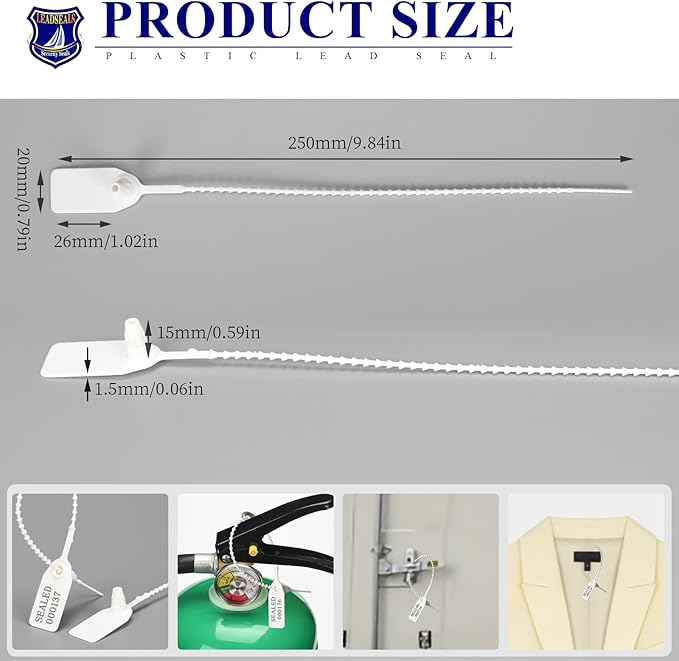 Plastic Tamper Seals, Zip Ties for Fire Extinguishers Pull Tite Security Tags Numbered Disposable Self-Locking Tie 250mm Length (100 PCS, White)
