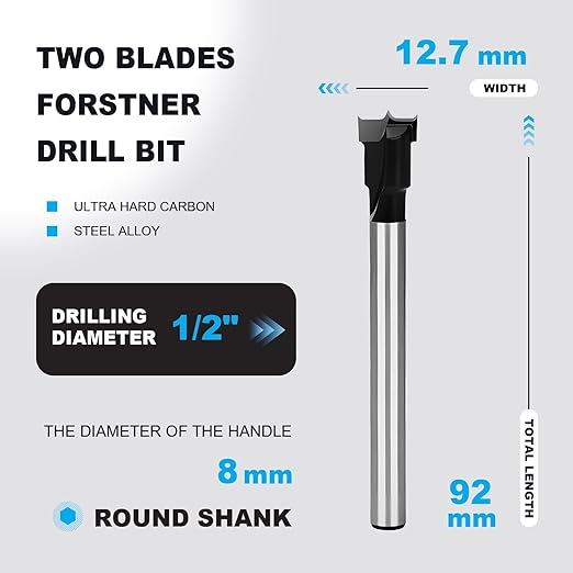 1/2 Inch Forstner Drill Bit Carbide Tipped,Woodworking Hinge Cutter for Precise Flat Bottom Holes in Hard Wood,Plywood,Plastic - Professional Grade