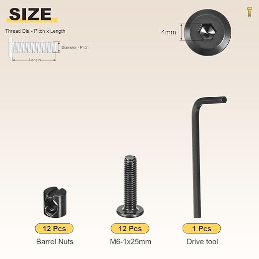 METALLIXITY Furniture Crib Screws Replacement Set with Wrench(M6-1x25mm) 24Pcs, Galvanization Connector Bolts M6 Screw Barrel Nuts Binding Screw, for Chair Cabinet Bed, Black