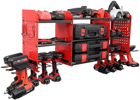 Large Power Tool Organizer Wall Mount with Charging Station, Heavy Duty Cordless Drill Holder, Garage Tool Storage Battery Rack with 8 Outlet, Gift for Men Husband Dad Birthday Anniversary Red