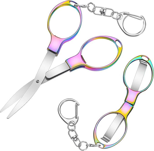 2 Pcs Foldable Scissors with Keychain Badge Reel Scissors Safety Foldable Scissor Small Fishing Scissor Safety for DIY Crafting Projects