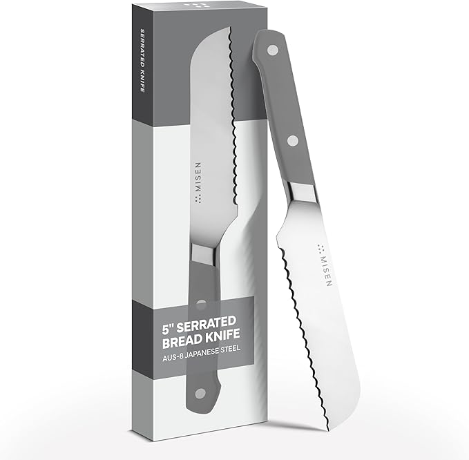 Misen Serrated Bread Knife - High-Carbon Japanese AUS8 Steel - Perfect for Soft Foods, Bread, Pastries, and Fruits - Verstatile Slicer, Razor-Sharp Edge, Durable Blade, Ergonomic Handle - 5", Gray
