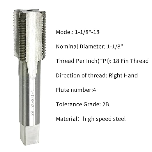 Lzcdelyxiao 1-1/8"-18 Tap, UNFF Right Hand Straight Flute Thread Tap, Machine Tap, Nominal Diameter 1-1/8", Thread Per Inch 18 Fin Thread, Tolerance Grade 2B, High Speed Steel HSS