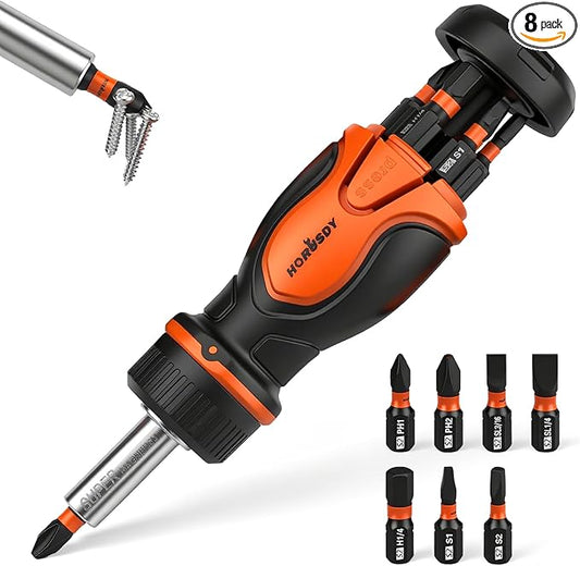 HORUSDY Magnetic Portable Screwdriver Bit Set: 8-in-1 Ratcheting Screw Driver Includes 1/4?쒫it Driver Holder, 7 Screwdriver Bits with Phillips, Slotted, Square, Hex, for Garage & Daily Repair