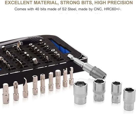 54in1 S2 Steel Mini Ratchet Wrench Screwdriver Bit Set with 1/4" Hex Shank Bits, 1/4" Drive Socket, Socket Adapter, Extension Bit Holder, 36-Tooth, 90 Degree Offset Reversible Drive Handle