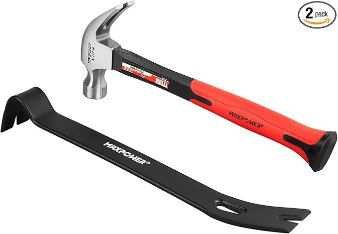 MAXPOWER Hammer and Pry Bar Set, 20oz Claw Hammer &15-inch Flat Pry Bar