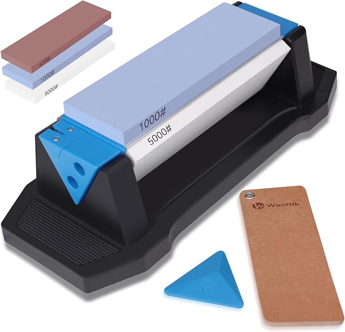 Knife Sharpening Stone, 3 Sides Grit 400/1000/5000, Whetstone Knife Sharpener with Non-Slip Base, Angle Guide & Leather Strop, for Kitchen Knives and Pocket Knives and More