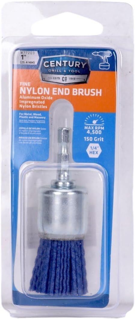 Century Drill & Tool 77203 1" Fine Nylon End Brush, 150 Grit, 1/4" Quick Change Shank, 4,500 RPM - Nylon Bristles for Metal, Wood, Plastic, Masonry