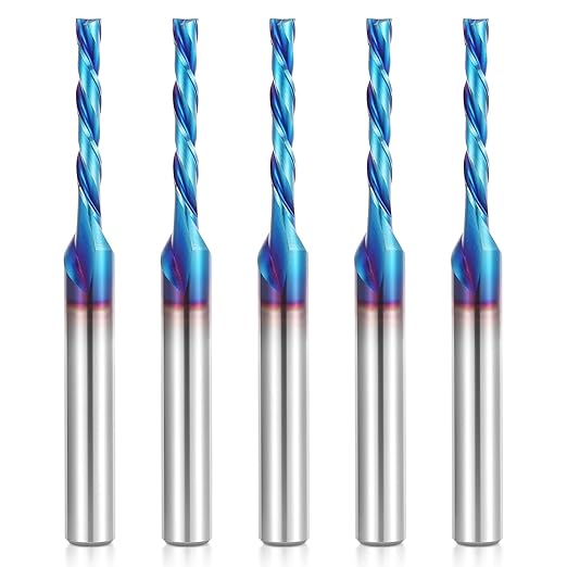 HQMaster Spiral Router Bit Downcut 1/4 Inch Shank Solid Carbide CNC Router Bit with Nano Blue Coating CNC Bits End Mill for Woodwork Mortise Slot Trim, 5 Pack