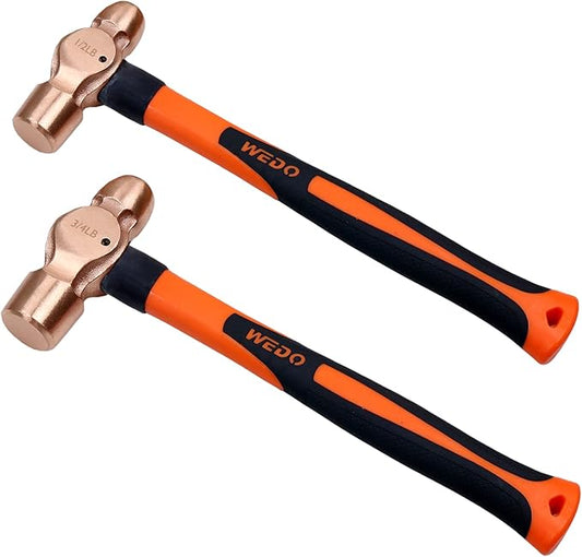 WEDO 2PCS Copper Ball Peen Hammer Set, 8 oz + 12 oz(1/2lb+3/4lb), Ball Pein Hammer with Fiberglass Handle, Die-Forged, Corrosion Resistant, DIN Standard