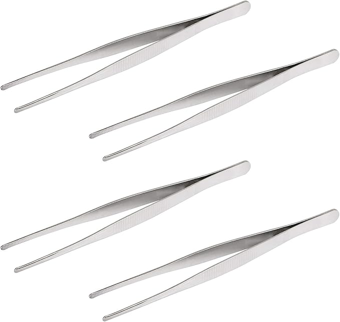 Aoje-Link Stainless Steel Straight Blunt Tweezers, horizontal serrated tips, used for repairs, barbecues, auxiliary tools, silver, 4pcs