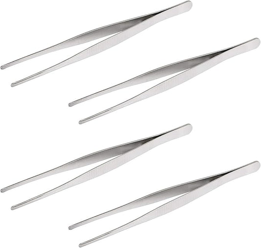 Aoje-Link Stainless Steel Straight Blunt Tweezers, horizontal serrated tips, used for repairs, barbecues, auxiliary tools, silver, 4pcs