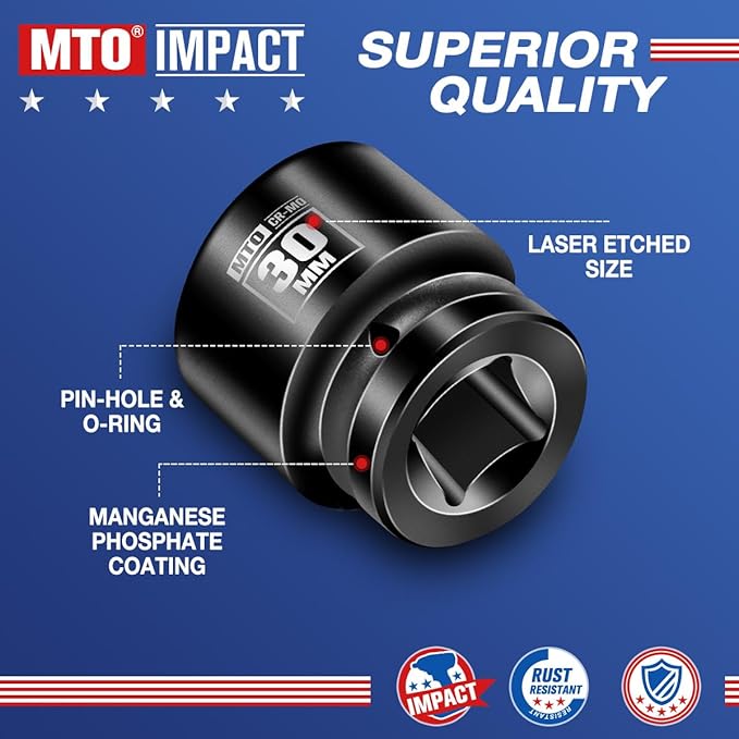 MTO 1/2" Drive 30mm Shallow Impact Socket, 6-Point Metric Socket, CR-MO Steel & Anti-Corrosion Coating for Tight Spaces and Heavy-Duty Tasks