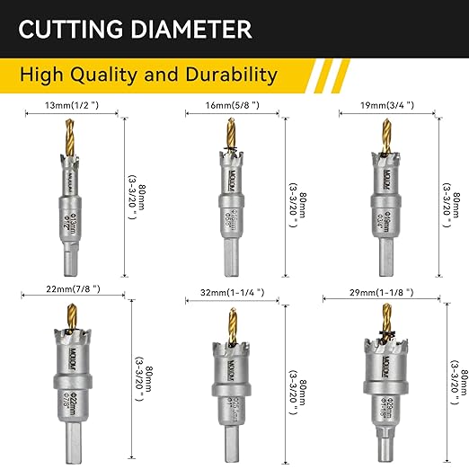 Mollom 6Pcs Hole Saw(13-29mm) TCT Carbide Tipped Hole Saw Kit for Hard Metal, Extra 2xTitanium & 1xStepped Pilot Drill bits and 2Pcs Hex Key for Stainless Steel, Iron,Aluminum,Alloy,Metal
