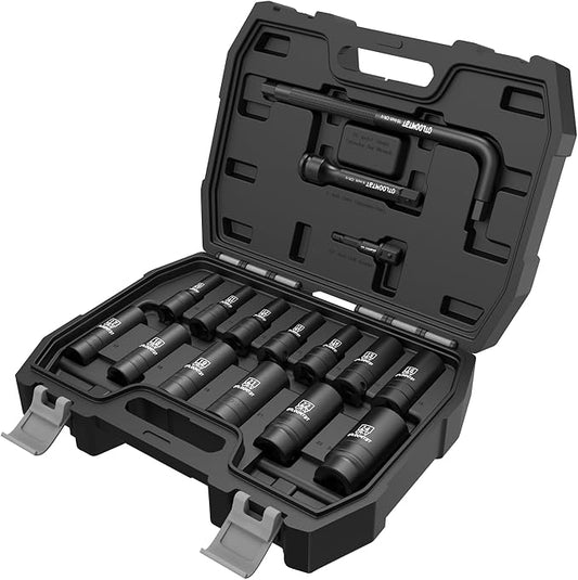 16PCS 1/2 In Drive Thicker Impact Socket Set, High Durability Industrial Grade Deep Metric Sizes Sockets Sets, with L Handle 5 In Extension Bars & Drill Socket Adapter with Premium Organizer