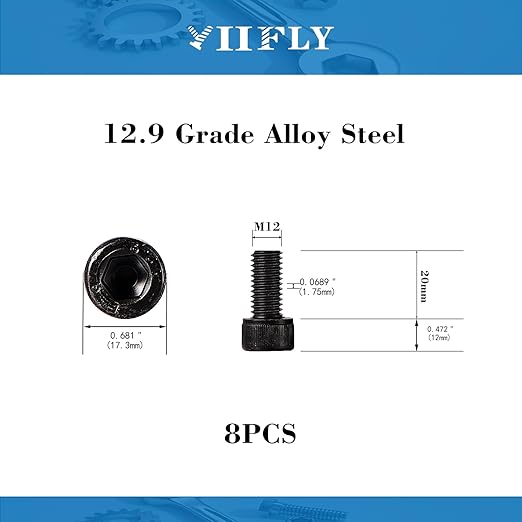 YIIFLY M12-1.75 x 20mm Socket Head Cap Screws, M12x1.75 Bolt, 12.9 Grade Alloy Steel, Allen Socket Drive, Black Oxide Finish, Full Thread, Quantity 8,