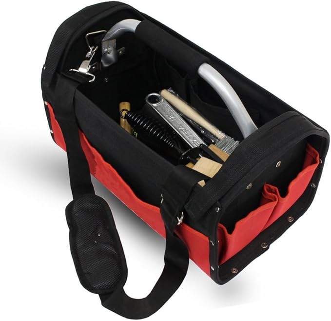 RAVEN 16" Red & Black Tool Carry-All | Premium Canvas with Multi-Pockets | Metal Handle & Rubber Feet | 16" x 7.5" x 10.25" | Best for Tools, Crafts & Supplies