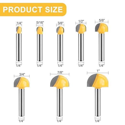 Cove Box Router Bit Set 1/4 Inch Shank, 8 Pcs Solid Carbide Double Flute Cove Box Round Nose, Cutter for 1/4", 5/16", 3/8", 1/2", 5/8", 3/4", 7/8", 1" Cutting Diameter