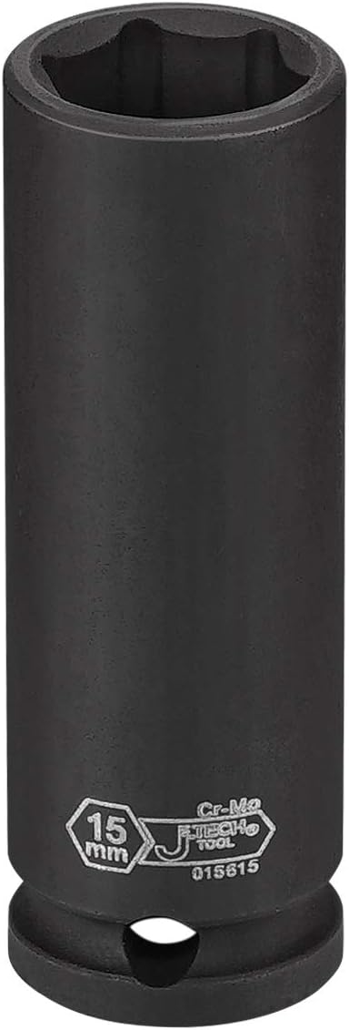 Jetech 3/8-Inch Drive 15mm Deep Impact Socket with 6-Point Design, Heat-Treated Chrome Molybdenum Alloy Steel, Metric