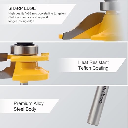 Exqutoo 3PCS 1/2" Shank Router Bit Set, Raised Panel Cabinet Door Making Router Bits, Cemented Carbide Router Bits, Woodworking Tools Router Door & Window Bits (Tenon Joint Cutter Diameter: 1-5/8")