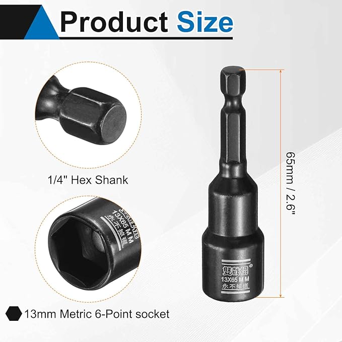 HARFINGTON Nut Driver Drill Bit 13mm Metric Socket 1/4" Hex Shank 2.6" (65mm) Long Magnetic 6-Point Sockets Quick Change CR-V Steel Bolt Setters for Power Drill Drivers