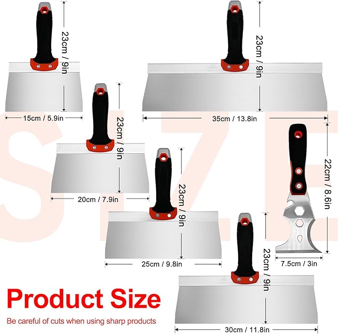 Drywall Taping Knife Set, 6 Pcs Stainless Steel Taping Knives Includes 6??8??10??12??14?? 3??Multifunctional Paint Scraper, Perfect Hand Tools for Drywall Joint Taping, Finishing and Patching