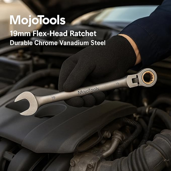 19mm Flex-Head Ratcheting Combination Wrench, Metric Standard, 72-Tooth 12-Point Ratchet Box End & Open-End Spanner, CR-V Steel, Nickel-Plated for Durability