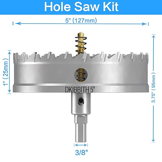 TCT Hole Saw Set, 5"(127mm) Heavy Duty Tungsten Carbide Tipped Hole Cutters for Stainless Steel Mild Steel Copper Iron Brass Plastic and More, with Titanium-Plated Pilot Drill Bits