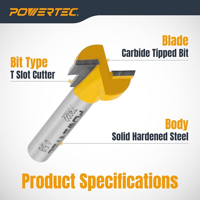 POWERTEC T Track Router Bit, Tungsten Carbide Tipped Router Bit, 1/4" Shank, 5/8" Dia., Slatwall, T Slot for Picture Frames, Compatible with 1/4" & 5/16" T Track Bolts (73022)