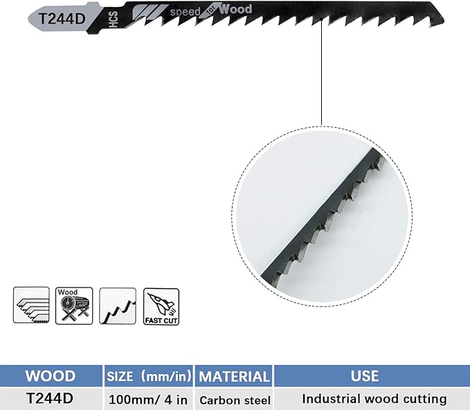 TAROSE 20-Piece T244D 4 Inch 6 TPI Assorted T-Shank Jig Saw Blades Set for Speed Cutting Wood, Scroll Cutting Wood