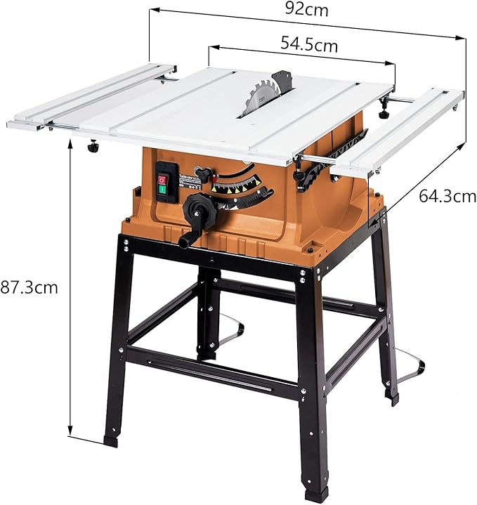 Table Saw, MERXENG 10 Inch 15A Multifunctional Saw With Stand & Push Stick, 90° Cross Cut & 0-45° Bevel Cut, 5000RPM, Adjustable Blade Height for Woodworking, Orange