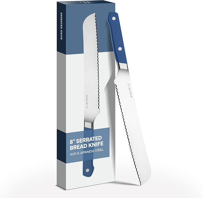 Misen Serrated Bread Knife - High-Carbon Japanese AUS8 Steel - Perfect for Soft Foods, Bread, Pastries, and Fruits - Verstatile Slicer, Razor-Sharp Edge, Durable Blade, Ergonomic Handle - 8", Blue