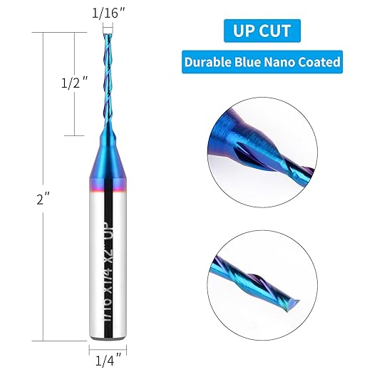 Upcut Spiral Router Bit 1/4 inch Shank, 1/16 inch Cutting Diameter Solid Carbide with Blue Nano Coated CNC Router Bits End Mill for Wood Carving, Engraving