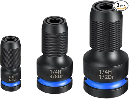 Gerywolf 3 pcs Impact Driver Bit Adapter Set, 1/2, 3/8, and 1/4" Female Drive to 1/4" Hex Socket Adapters, Impact Wrench Adapter for Ratchet Wrench Drives, Impact Bit Chuck, Quick-Change Chuck