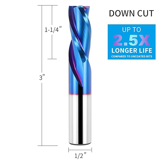 Downcut Spiral Router Bit 3-Flute with 1/2??Shank, 1/2??Cutting Diameter, 1-1/4??Cutting Length, Carbide CNC Router Bits End Mill for Wood Mortises Carving Engraving(3 Inch OVL)
