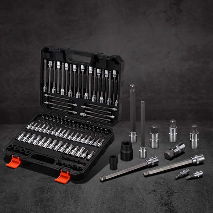 107-Piece Allen and Torx Bit Socket Set, 1/4", 3/8" and 1/2" Drive Hex/Ball End Hex/Extra Long Tamper Proof Torx SAE & Metric Bit Set