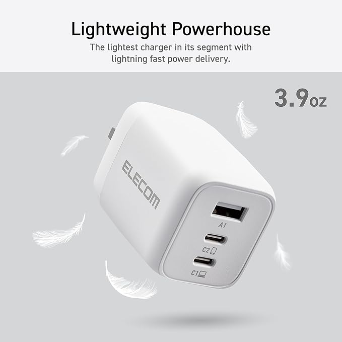 ELECOM 65W USB C Wall Charger Block, 3 Multi Port GaN II Fast Charging, Light Compact Power Adapter for Multiple Devices, iPhone, Laptop, Tablet, iPad, Airpods, Watch, Speakers, Samsung (White)