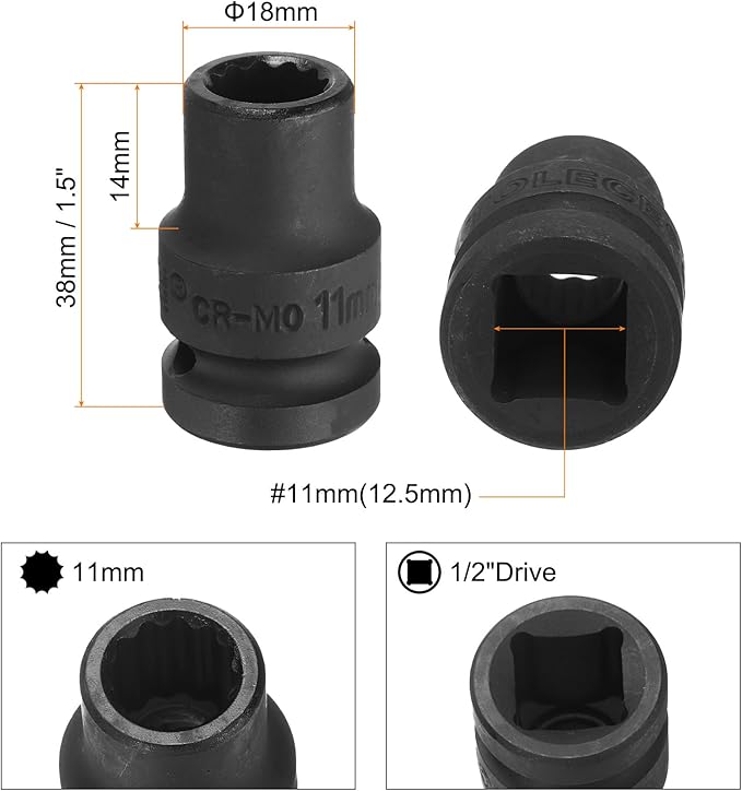 uxcell 1/2" Drive x 11mm Shallow Impact Socket 12-Point Metric CR-MO Steel Nut Impact Grade Socket for Auto Repair