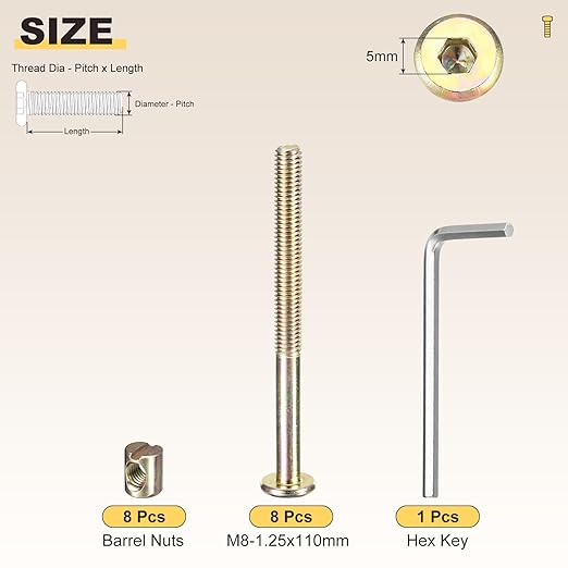 METALLIXITY Crib Screws Replacement Set(M8-1.25x110mm) 16Pcs, Yellow, Carbon Steel, Connector Bolt M8 Screw Barrel Nuts Binding Screws, for Chair Cabinet Bed, Yellow
