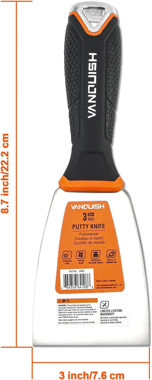 VANQUISH Stainless Steel Putty Knife, 3 Inch Paint Scraper with Soft Grip Handle and Metal Hammer End for Drywall Spackle, Taping, Scraping Paint 3584