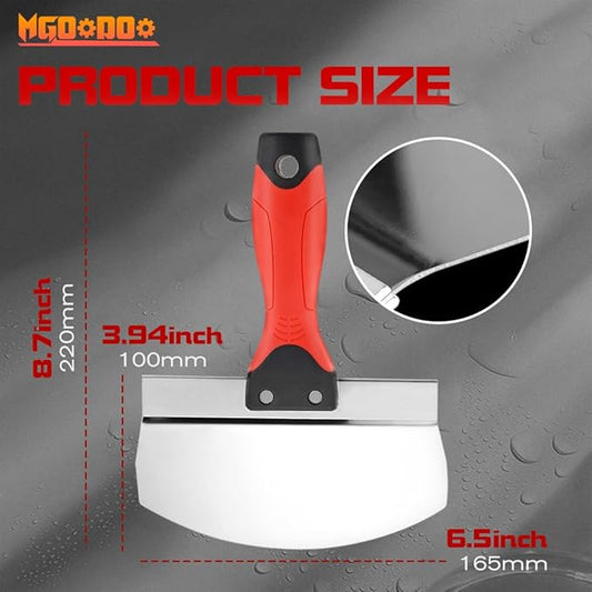 Mgoodoo 2PCS Stainless Steel Bucket Scoop,6.5 inch Curved Contoured Blade Putty Knife for Drywall & Plaster,Rustproof Scraper Tools with Soft-Grip Handle for Clean Paint,Mortar,Putty,etc(Red)