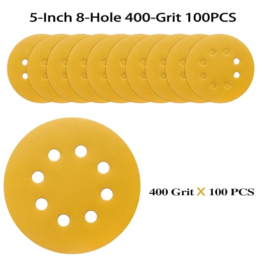 100PCS 5 Inch 8 Hole Sanding Discs 400 Grit,Gold Round Hook and Loop Sandpaper for Random Orbital Sander