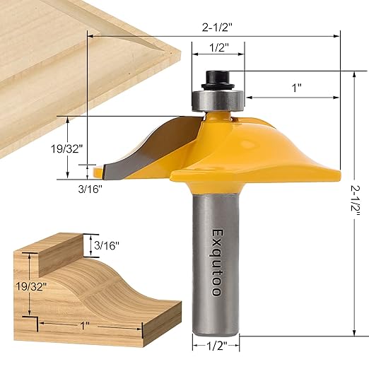 Exqutoo 3PCS 1/2" Shank Router Bit Set, Raised Panel Cabinet Door Making Router Bits, Cemented Carbide Router Bits, Woodworking Tools Router Door & Window Bits (Tenon Joint Cutter Diameter: 1-5/8")