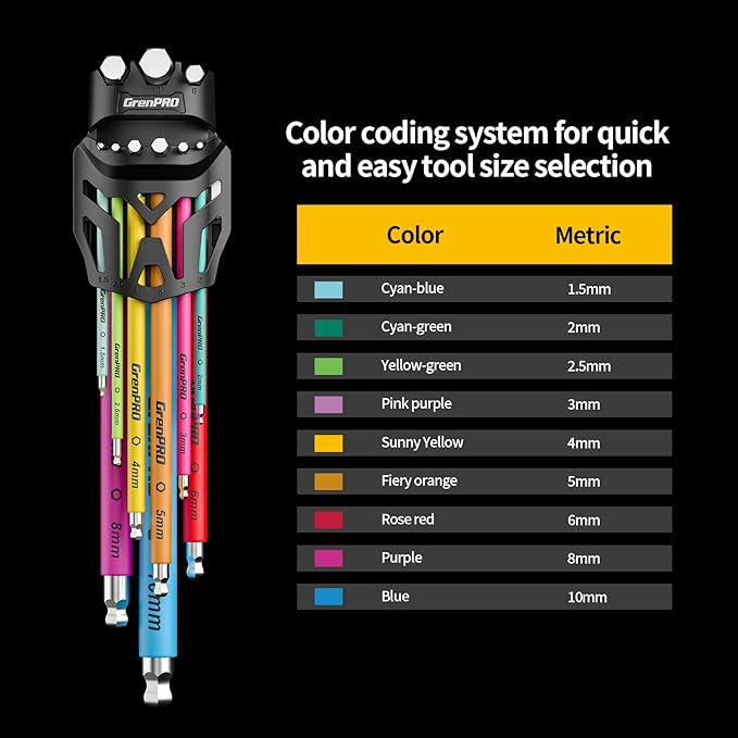 GRENPRO Allen Wrenches Sets, Hex Key Set, 9pcs Allan Wrench Sets Metric And Standard, Bike Wrench Tools Organizer With Color Coded, Long Alen Alan Keys sets, Large Mini Small Ball End Allen Wrench Set