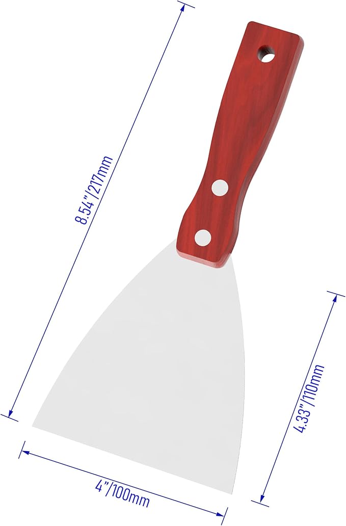 Putty Knife, 4 Inch Stainless Steel Scraper Tool, Wooden Handle Metal Spackle Knives for Drywall, Decals, Wall Paper, Floor Tile, Patching, Painting, Taping, Scraping Coating