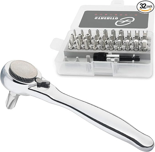 STREBITO Right Angle Screwdriver 32-Piece 1/4 Inch Mini Ratchet Set Low Profile Offset Bit Set with 72-Tooth Ratcheting Wrench Stubby Ratchet 90 Degree Screwdriver for Small Spaces