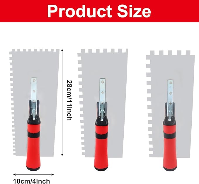 3Pcs Stainless Steel Square Notched Trowel Set with Soft Grip Handle, Tile Tools for Masonry Tile Work(6/25Inch, 5/16Inch,2/5Inch)