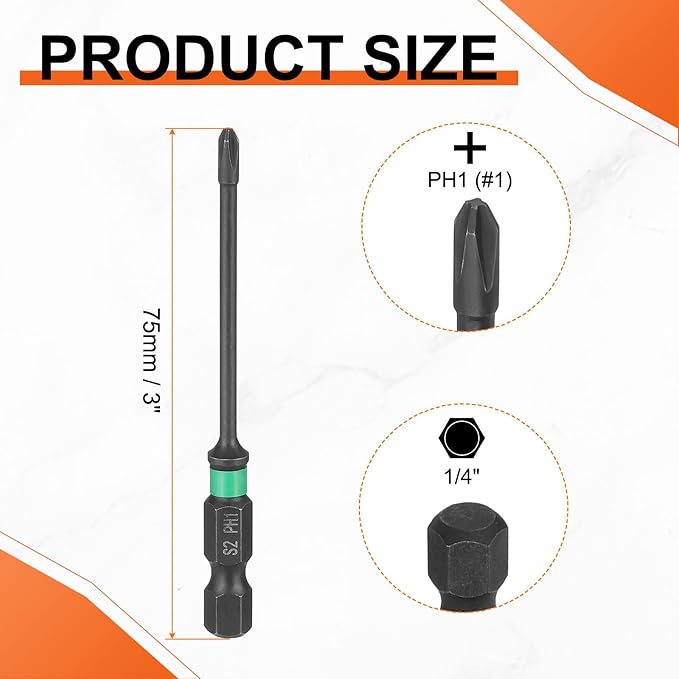 HARFINGTON 5pcs #1 Impact Phillips Screwdriver Bit PH1 1/4" Hex Shank 3" (75mm) Length 0.1" Rod Magnetic Cross Head Drill Bits S2 Steel Industrial Screw Drivers for Impact Power Tools