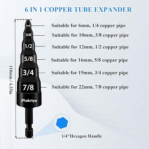 6-in-1 HVAC Repair Tool with Bit Holder, Swage Tube Expander, Boring Drill Bits, Air Conditioner Copper Pipe Flaring Tool with 1/4", 3/8", 1/2", 5/8", 3/4" and 7/8" Bits